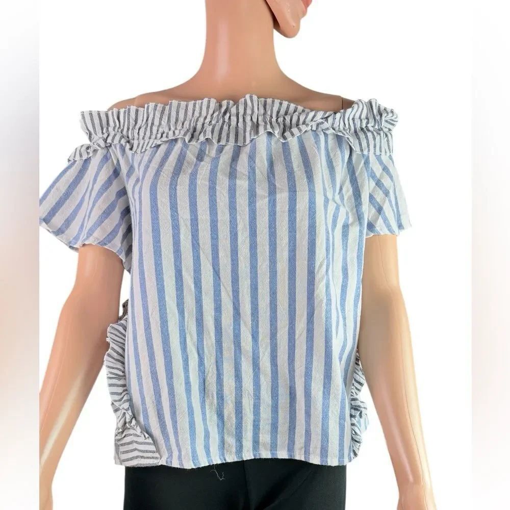 Listicle Blue & White Striped Off-Shoulder Blouse Top